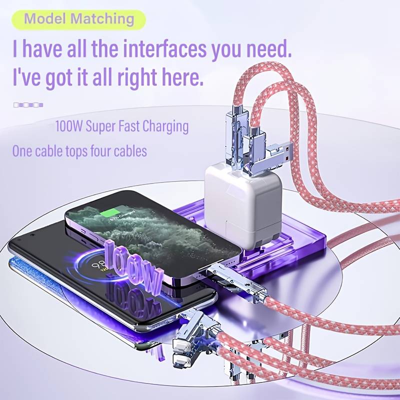100W 4‑in‑1 Fast Charging Cable – Heavy Duty Nylon – 480Mbps Data Sync