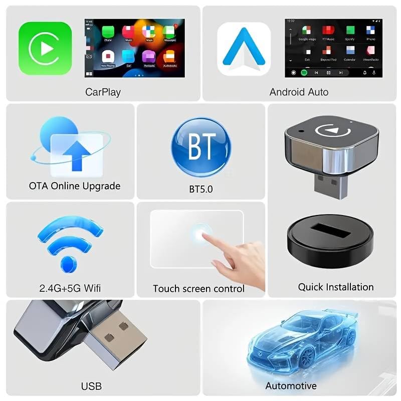 Wireless CarPlay/AndroidAuto Adapter - Upgrade Your Wired CarPlay/AndroidAuto to Wireless - Mini USB Design for Cars with Built-in Wired Apple CarPlay or Android Auto - Seamless Use