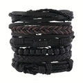 6pcs Faux Leather Wooden Bead Wax Thread Bracelet Set