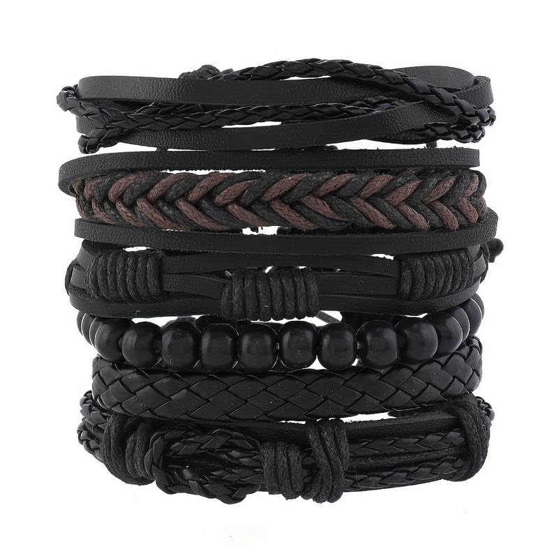 6pcs Faux Leather Wooden Bead Wax Thread Bracelet Set