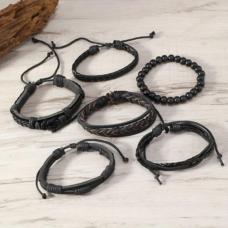 6pcs Faux Leather Wooden Bead Wax Thread Bracelet Set